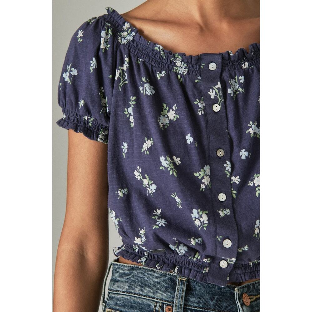 Lucky Brand Feminine Bubble Hem With Buttons Blouse Top navy blue floral print - Picture 5 of 11